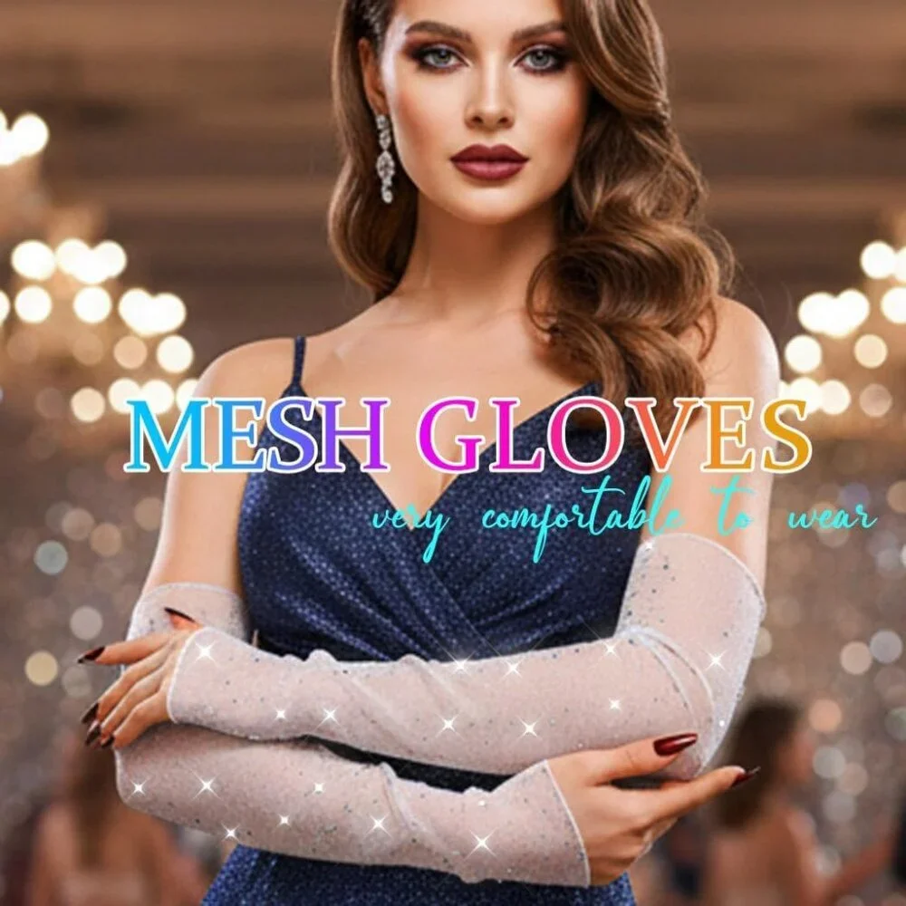 Women's Sparkly Rhinestone White Long Sleeves Fingerless Elbow Length Gloves
